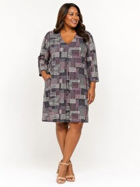 Masai Copenhagen Nevi Jersey V-Neck Shift Dress in Black and Purple Geometric